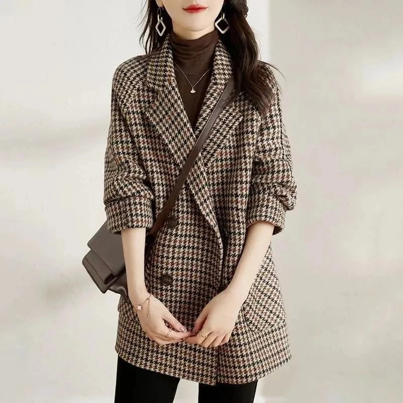 Women's Wool Blends Autumn And Winter Jackets Clothing Plaid Woolen Coats SingleBreasted Loose Overcoat Elegant Female Korean Outerwear 231012