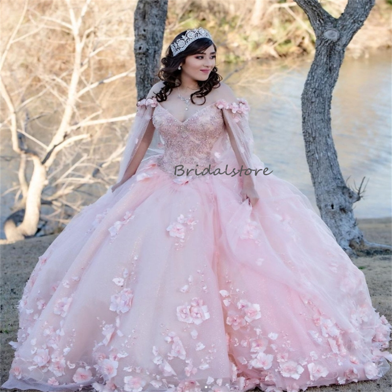 Luxury Charro Pink Quinceanera Dresses With Florals Beaded Caped Sweetheart Bead Ball Gown Mexican Corset Sweet 15 Dress Pageant Vestidos Debutantes M