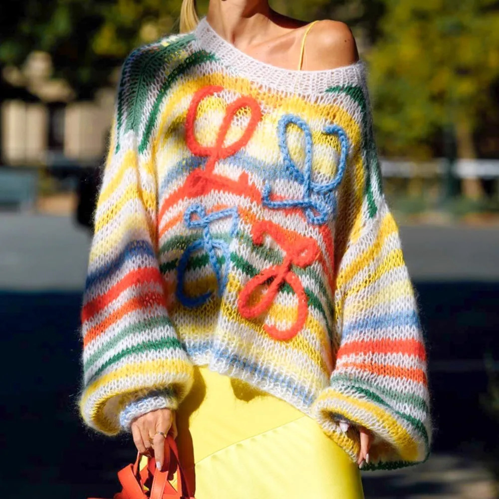 Women's Sweaters Oversize Knitted Rainbow Women Fashion Stripes Contrast Round Neck Pullover Sweater Casual Loose Cute Jumper y2k top