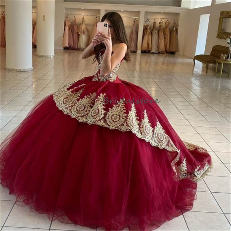 Classy Burgundy Gold Quinceanera Dresses 2024 Sweetheart Beaded Fluffy Vestidos De 15 Quinceanera Elegant Charro Sweet 16 Gothic Vestidos Debutantes M