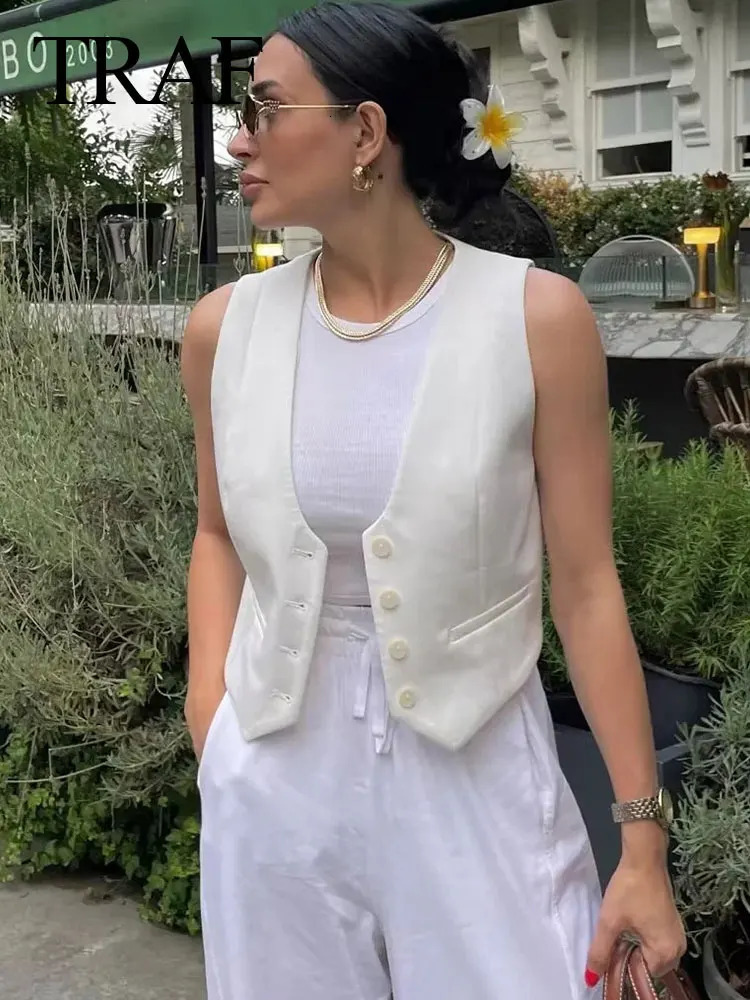 Women's Jackets TRAF 2023 Women Fashion Cropped Waistcoat Solid Single Breasted V Neck Vest Spring Casual Elegant Woman Outerwear Tops 231012
