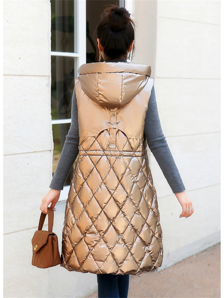 Women's Jackets Light Brown Vest Women Sleeveless Waterproof Free Wash Hooded Cotton Waistcoat Autumn Winter Fashion Long Slim Outwear 231012