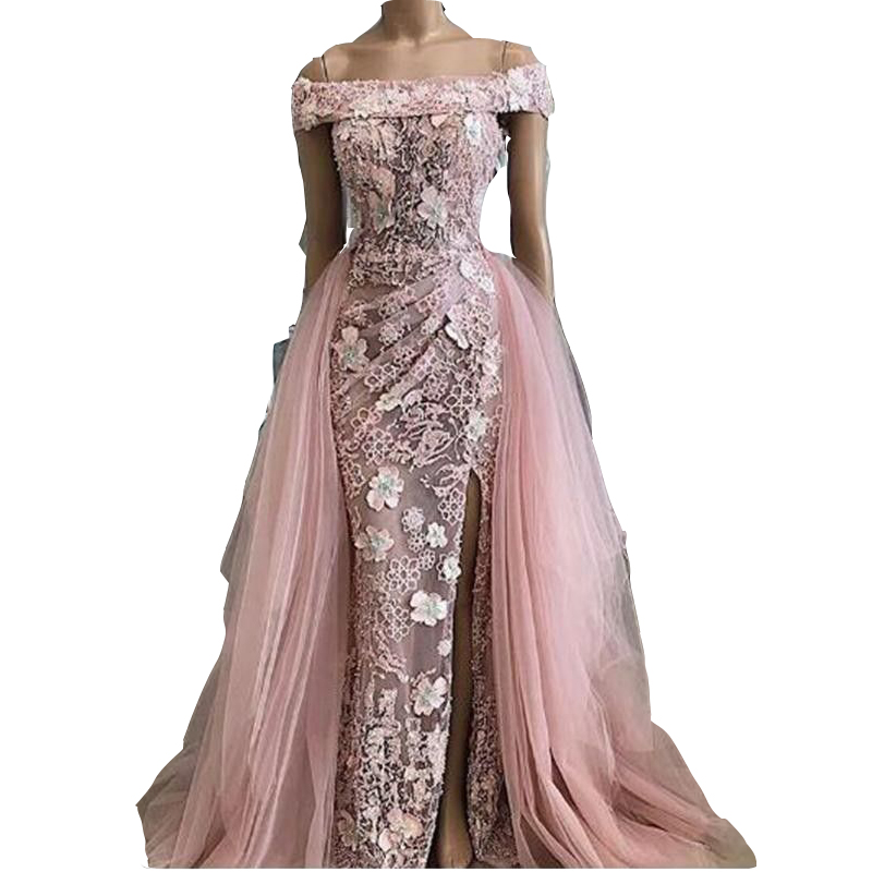 2023 Sexy Mermaid Prom Dresses Pink Off Shoulder Illusion Lace Appliques Flowers Mermaid Side Split Overskirts Party Evening Gowns Sweep Train