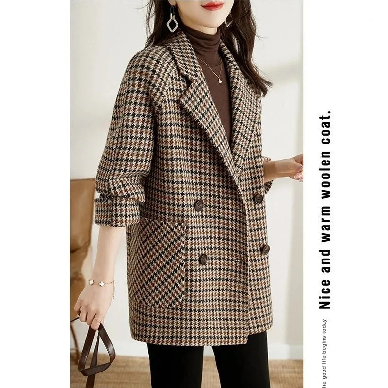 Women's Wool Blends Autumn And Winter Jackets Clothing Plaid Woolen Coats SingleBreasted Loose Overcoat Elegant Female Korean Outerwear 231012