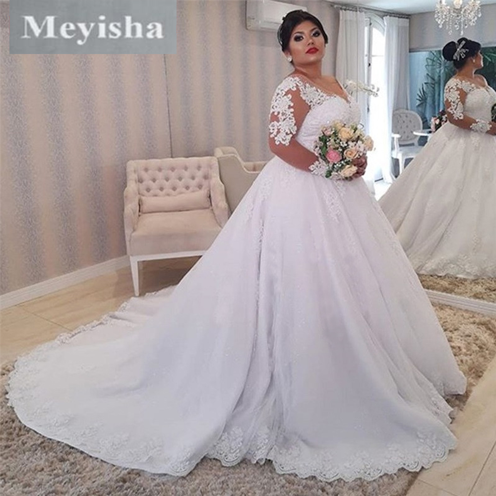 ZJ9336 2024 Long Sleeve Appliques Wedding Dress Tulle Train O-neck Lace Boho For Bride Custom Made Plus Size