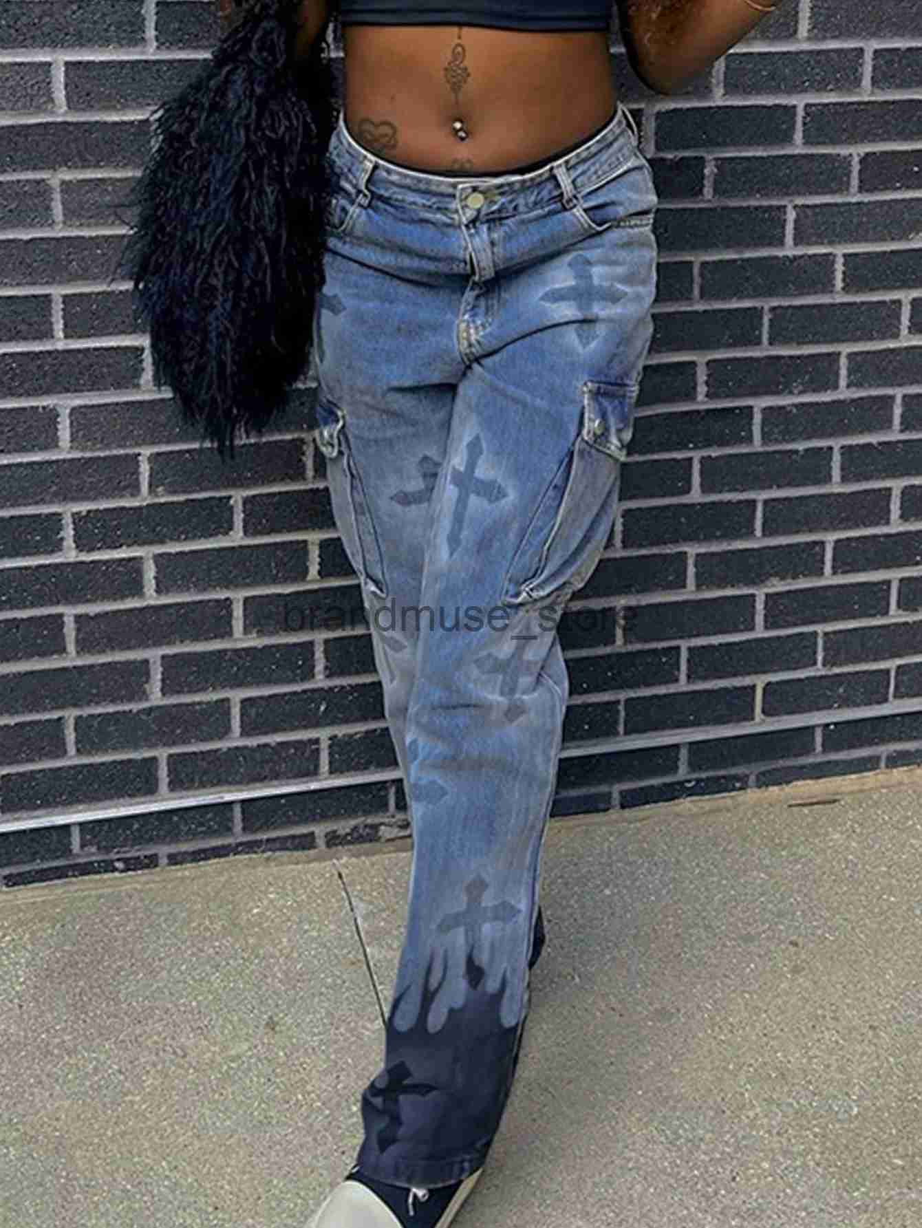 Women's Jeans European And American Women's 2023 Autumn Winter Ins New Printed Cross Flame Pocket Street Hipster Jeans J231013