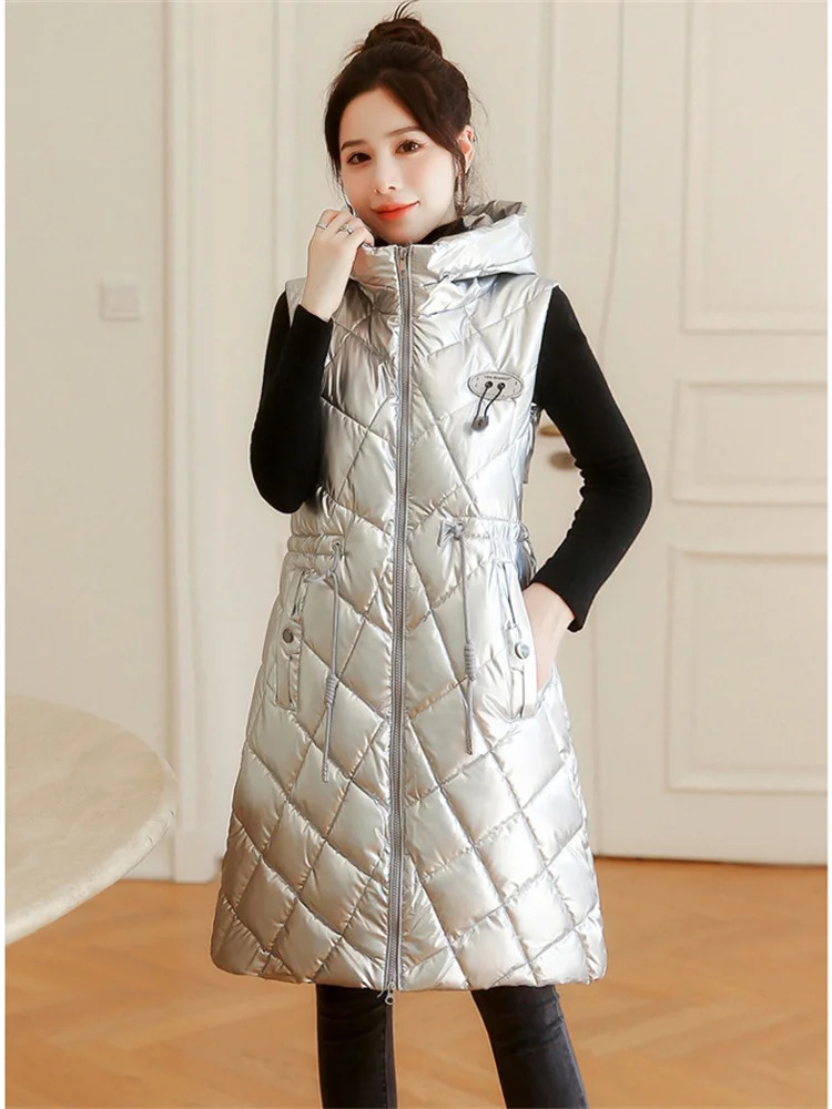 Women's Jackets Light Brown Vest Women Sleeveless Waterproof Free Wash Hooded Cotton Waistcoat Autumn Winter Fashion Long Slim Outwear 231012