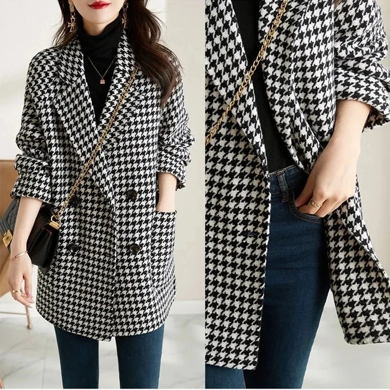 Women's Wool Blends Autumn And Winter Jackets Clothing Plaid Woolen Coats SingleBreasted Loose Overcoat Elegant Female Korean Outerwear 231012