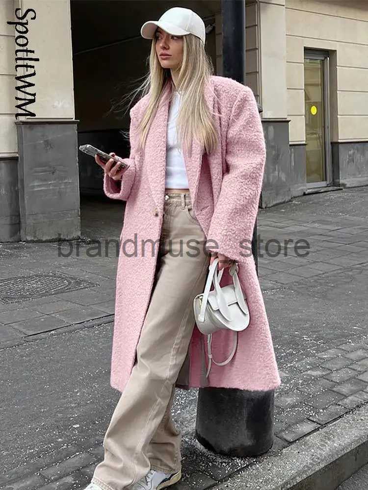 Women's Wool Blends Chic Pink Lapel Woolen Overcoats For Women Elegant Solid Long Sleeve Maxi Coats 2023 Autumn Winter Female Warm Outerwear Jack