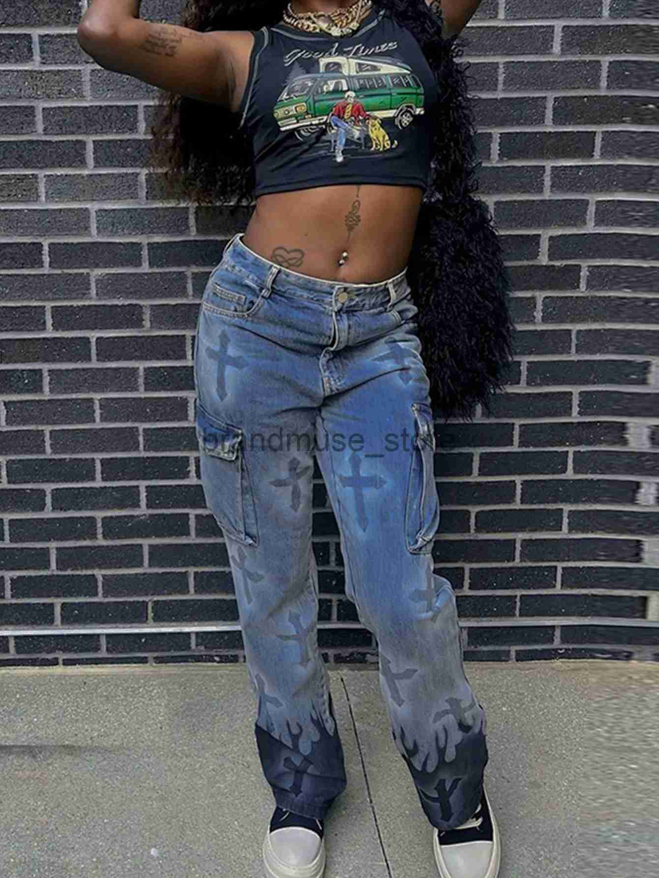 Women's Jeans European And American Women's 2023 Autumn Winter Ins New Printed Cross Flame Pocket Street Hipster Jeans J231013