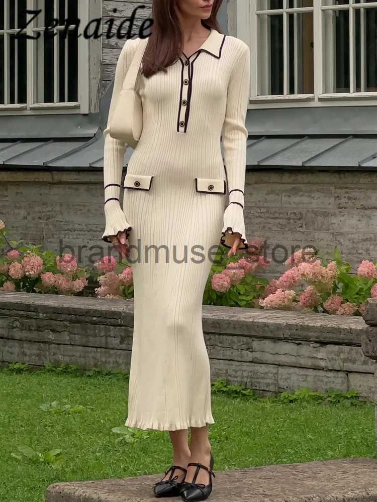 Basic Casual Dresses Zenaide Ruffled Fashion Knit Dress Women Autumn Ribbed Contrast Long Sleeve High Waist Lapel Gown Knitwear Elegant Maxi Dresses J