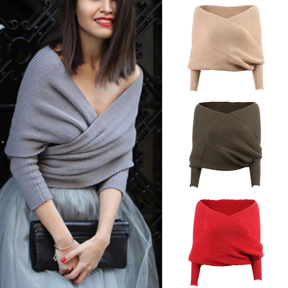 Shawls Arrival Sexy Women Vneck Wrap Sweaters Scarf Fashion Knitted Off Shoulder Long Sleeve Warm Loose Female Scarves 231012