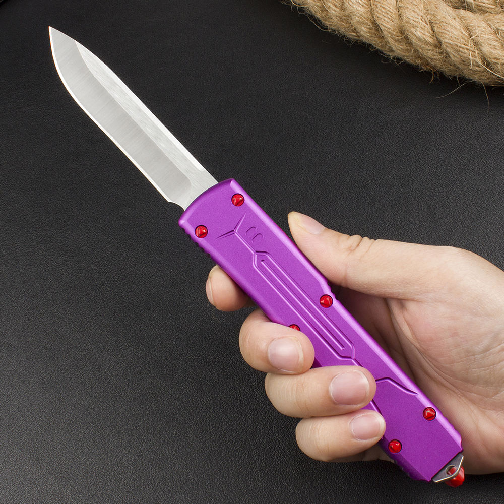 High Quality Tactical Knife D2 Stone Wash knife Blade Purple Aviation Aluminum Handle Outdoor EDC Survival Pocket Knives with Nylon Bag