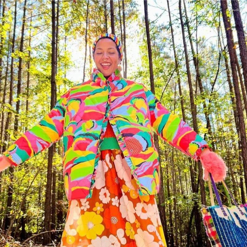 Women's Trench Coats Colorful Ruched Printed Split Cotton Coat Women Long Sleeve Ruffles Thicken Warm Jacket 2023 Autumn Winter Irreg