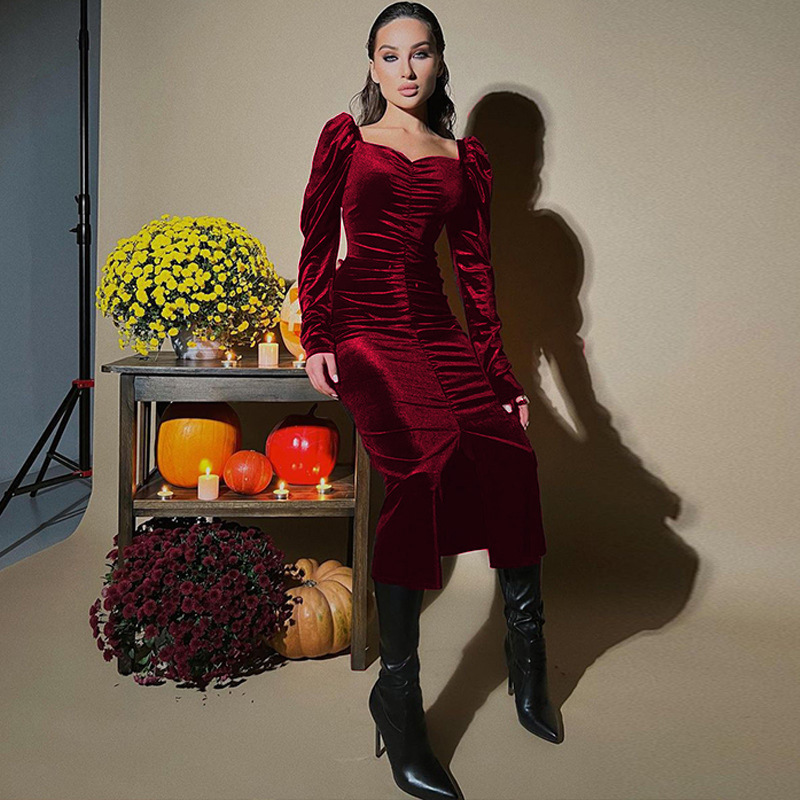 Elegant Vintage Style European and American Womens Dress with Slim Fit and Long Sleeves AST585287