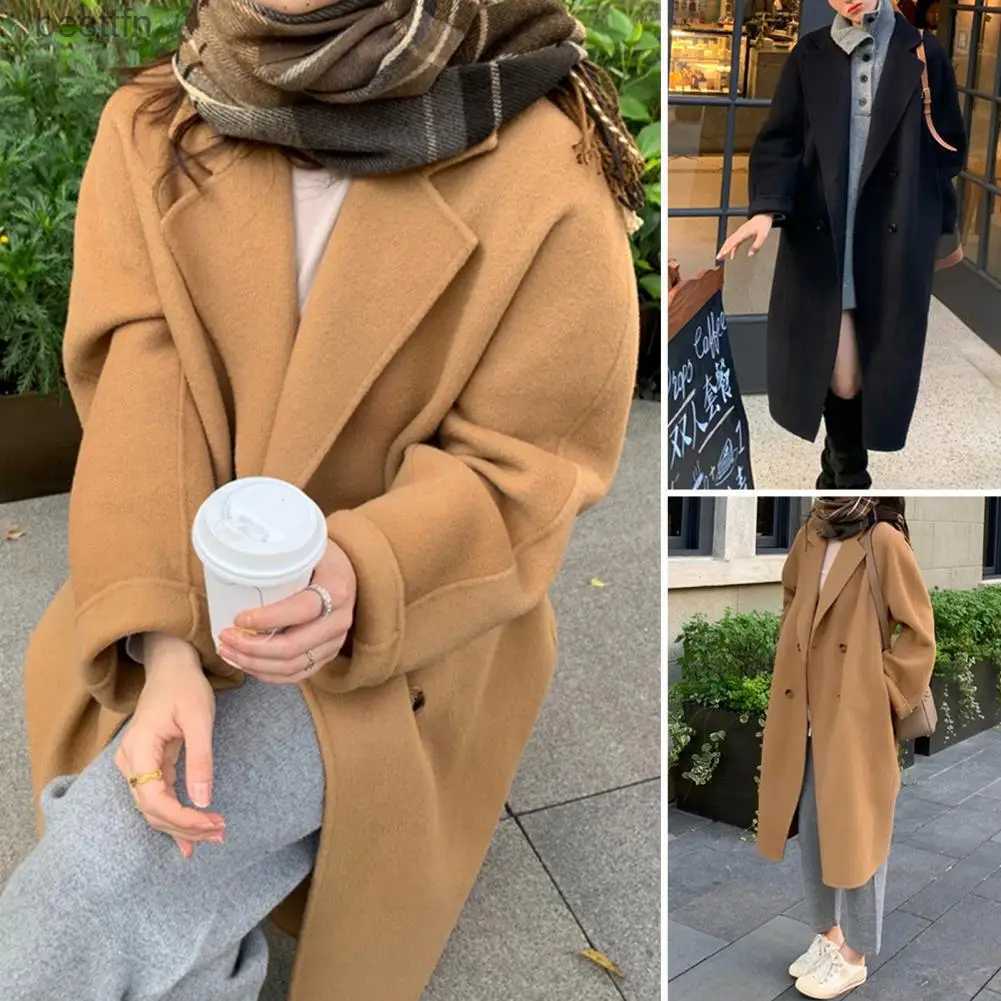 Women's Wool Blends Stylish Women Woolen Overcoat Notch Collar Casual Oversized Lady Fall Coat Outerwear Lady Fall Coat Women ClothingL231014