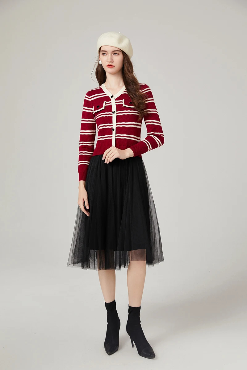 Basic Casual Dresses Autumn Winter Striped Knitted Sweater Dress Runway Women V Neck Long Sleeve Heart Button Elastic Patchwork Mesh Long Dress 2024