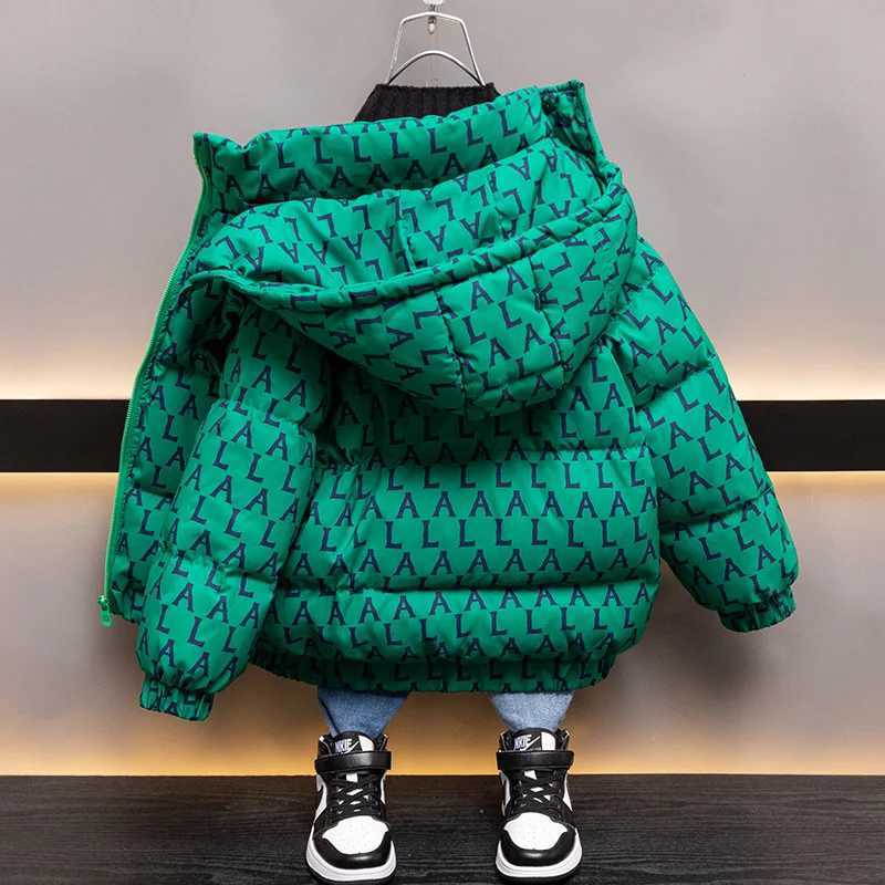 Down Coat Kids Down Cotton Clothes Thickened Big Letter Winter Teenage Boys Green Jacket Children Warm Hooded Padded Coat XMP275 J231013