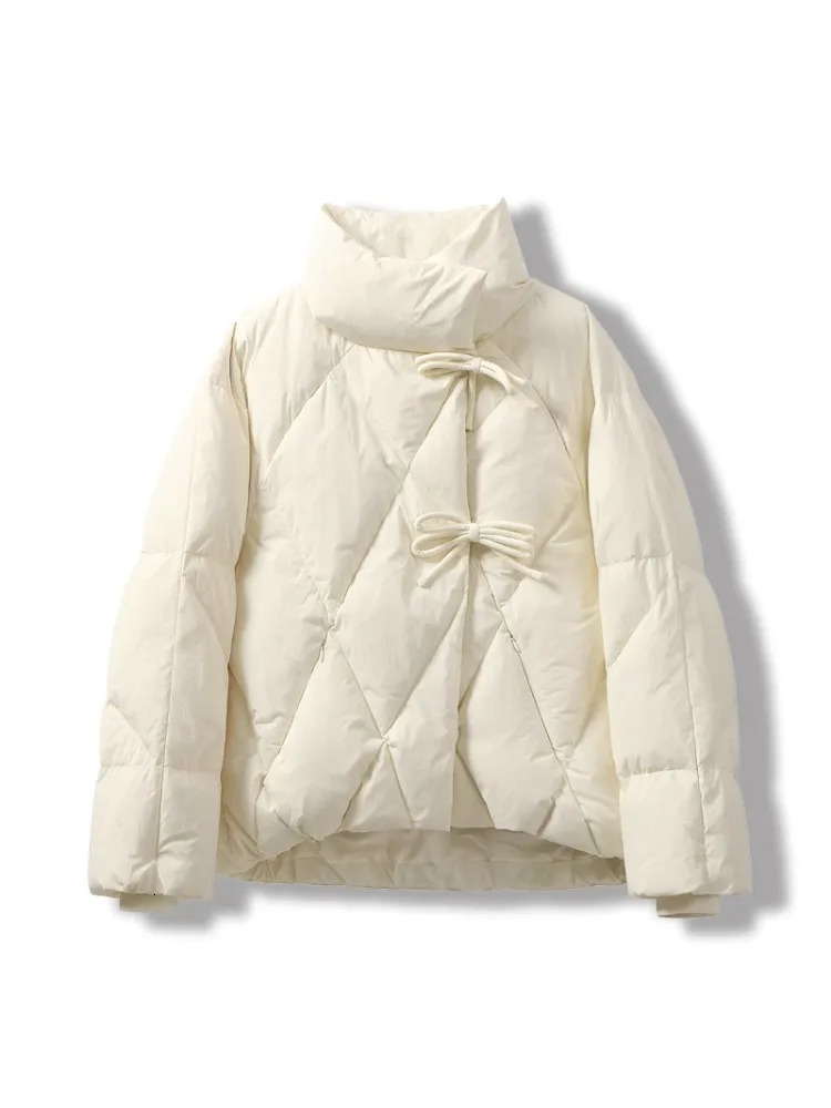 Women's Down Parkas Fitaylor Autumn Winter Women White Duck Coat Casual Lady Stand Collar Bow Outwear Female Solid Puffer Parka Jacket 231013