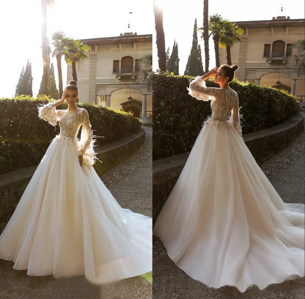 Princess Lace Tulle A Line Wedding Dress O Neck Cap Long Sleeve Feather Boho Bridal Gowns Vestidos De Novia