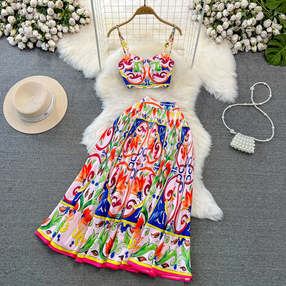 Two Piece Dress Designer Runway Fashion Sexy Two Piece Set Spaghetti Strap Cup Padded Short Top Vintage Print Long Skirt Suit Women New Summer