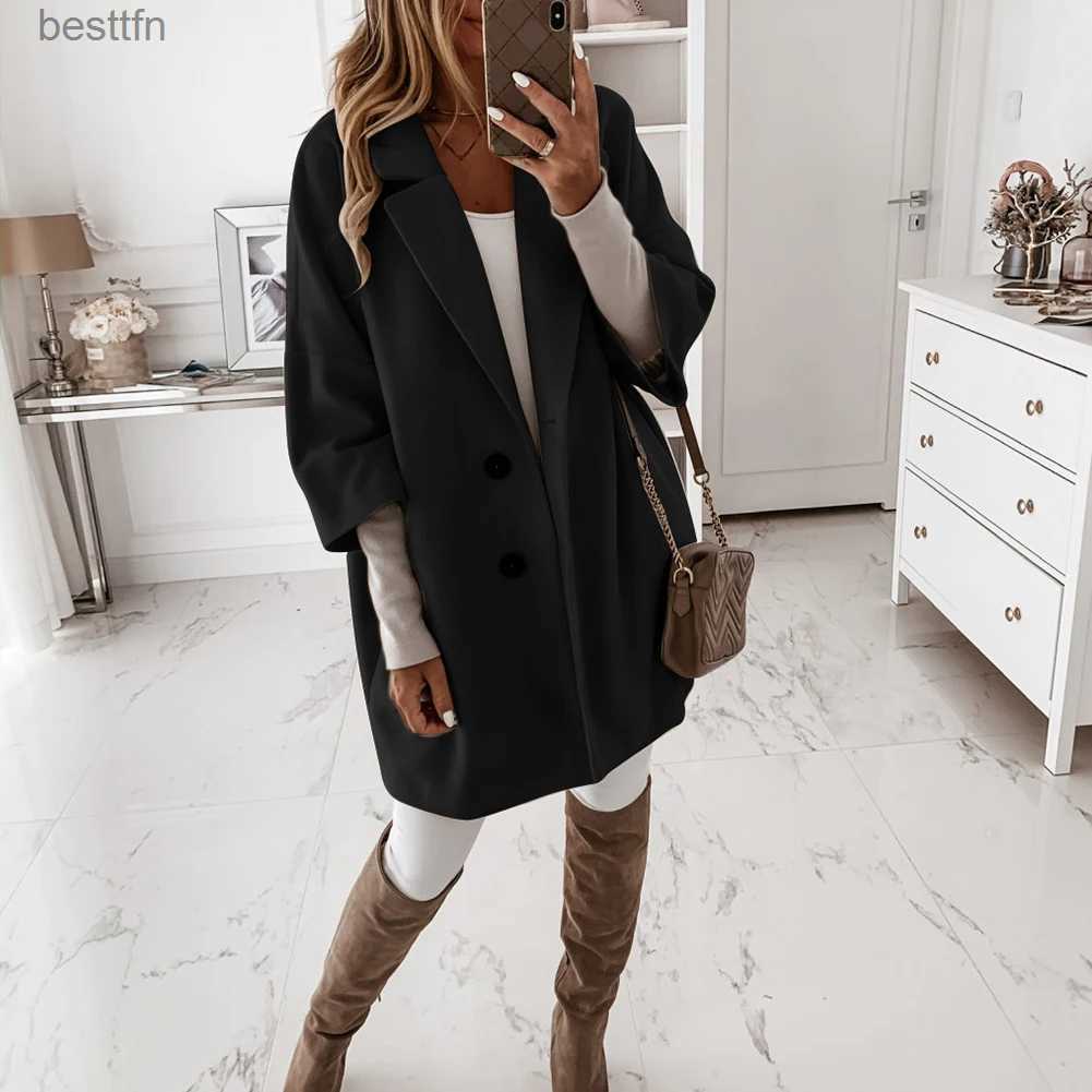 Women's Wool Blends 2020 Women Long Woolen Autumn Winter Coat Jacket Three Quarter Sleeve Loose Coat High Street Ofiice Ladies Long JacketL231014