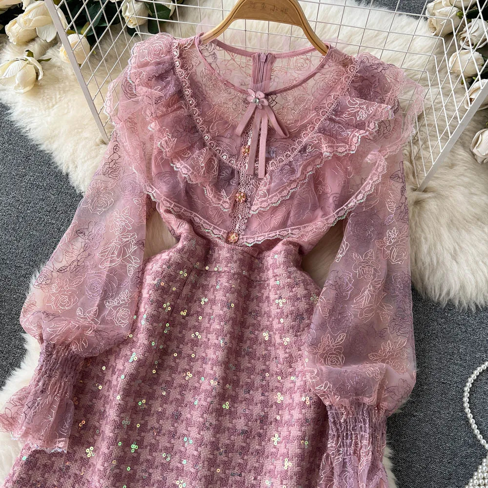 Basic Casual Dresses Runway Embroidery Sequins Tweed Dress Womens Ruffled Beaded Lantern Sleeve Pink Lace Patchwork Slim Vintage Dress Vestidos 2024
