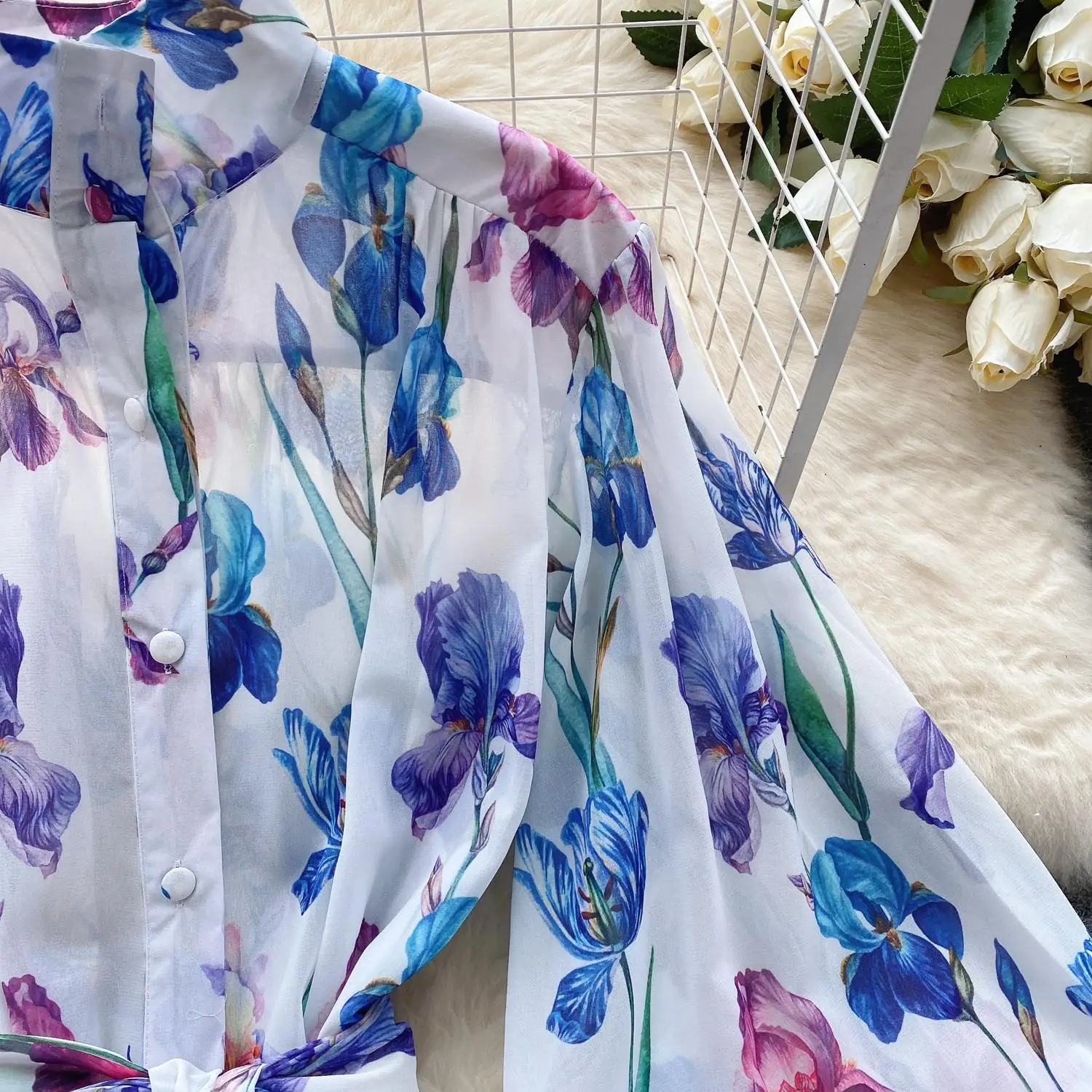 Basic Casual Dresses Summer Runway Holiday Boho Short Dress Women Clothing Turleneck Long Lantern Sleeve Flower Print Belted Blue Mini Chiffon Vestido