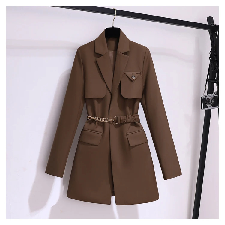 Jackets Clothing Autumn Winter Office Ladies Elegant Solid Jacket Coat Women Long Sleeve High Waist Metal Belt Blazer Outerwear
