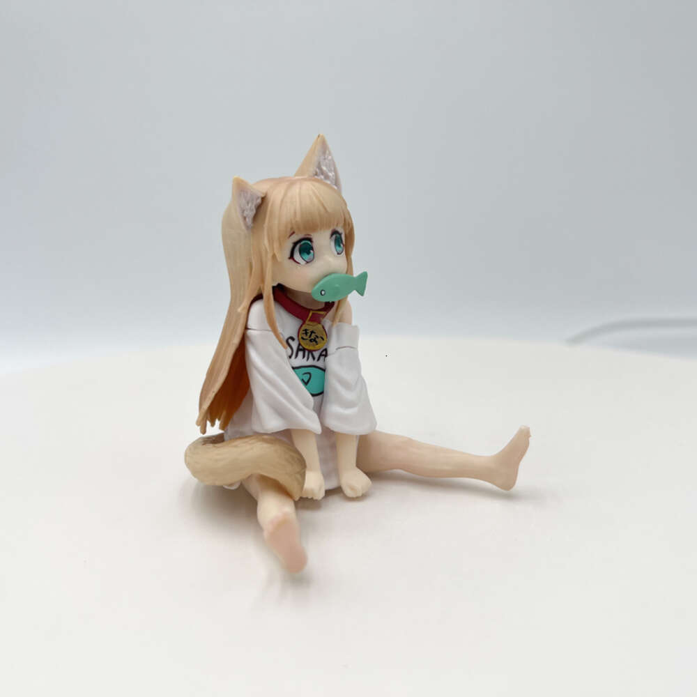 Finger Toys 7.5cm Golden Head My Cat is A Kawaii Girl Anime Figure Hobby Sakura Soybean Flour Sit and Eat Fish Collectible Model Doll Toys