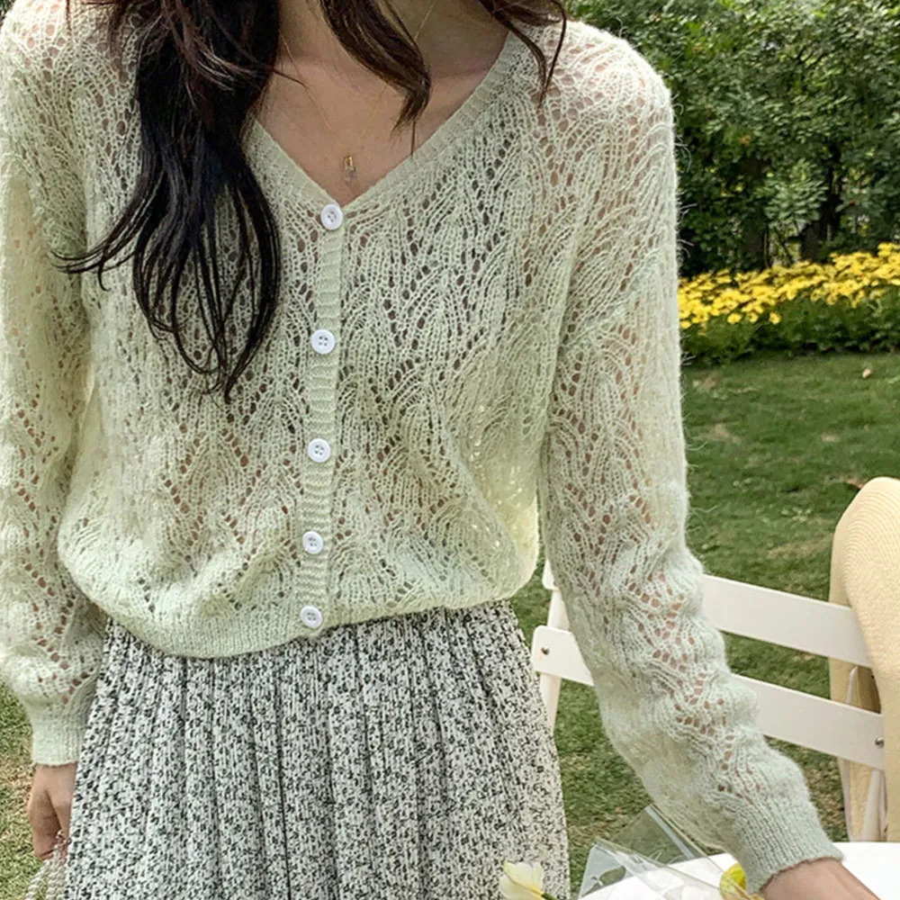 Womens Sweaters Women Elegant Long Sleeve Mohair Light Sweater Cardigan Autumn V Neck Hollow Out Knitted Coat Casual Soft Cropped Top Streetwear 23101