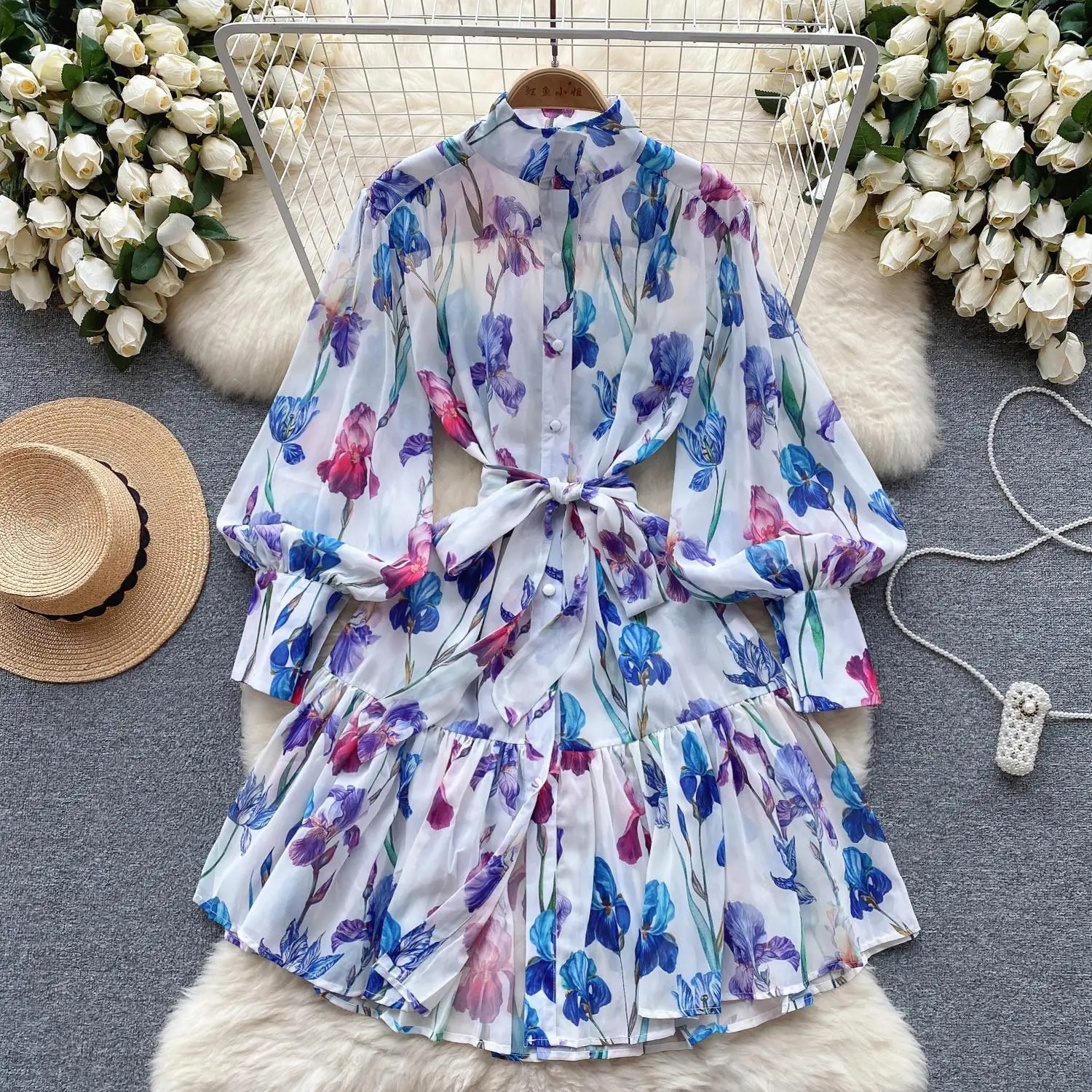 Basic Casual Dresses Summer Runway Holiday Boho Short Dress Women Clothing Turleneck Long Lantern Sleeve Flower Print Belted Blue Mini Chiffon Vestido