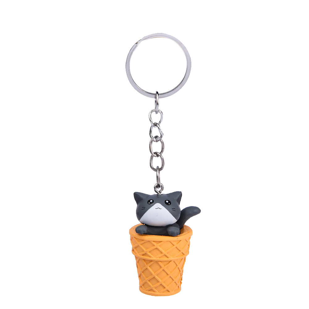 Cartoon Design Animal Keychains Little Ice Cream Cat Pendant Key Rings Cute Kawaii Kitten Car Key Chains Trinket Bag Charm Gift Keyrings DIY Jewelry A