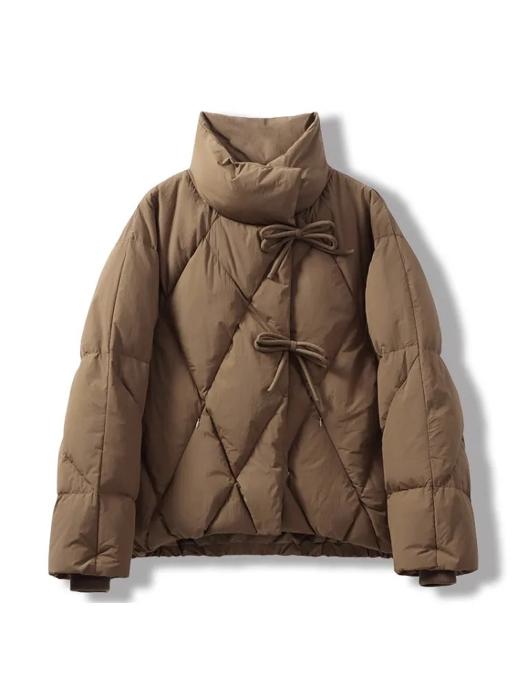 Women's Down Parkas Fitaylor Autumn Winter Women White Duck Coat Casual Lady Stand Collar Bow Outwear Female Solid Puffer Parka Jacket 231013