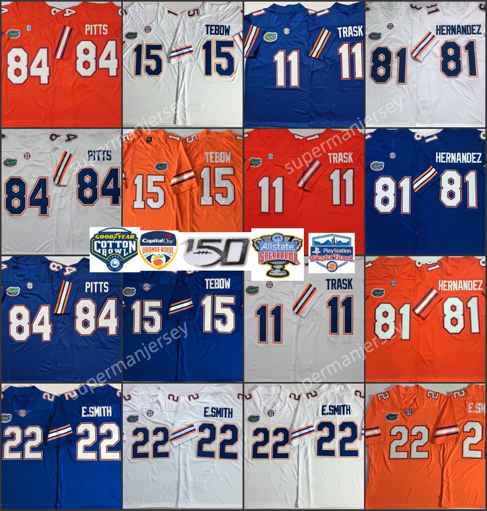 College Florida 15 Tim Tebow Jersey Football 22 Emmitt Smith 81 Aaron Hernandez 11 Kyle Trask 84 Kyle Pitts Gators Jerseys White Orange Mens Stitched
