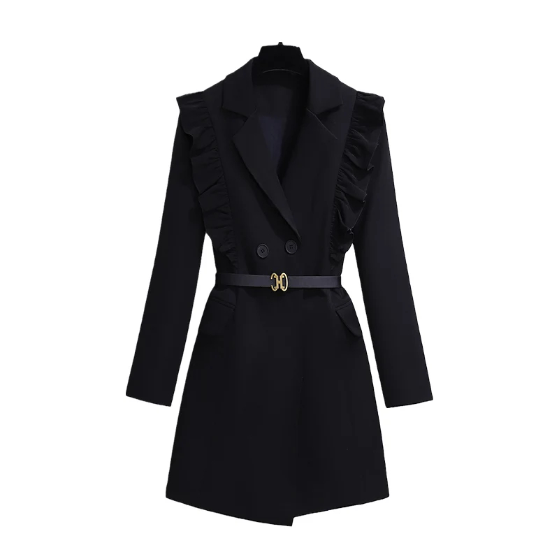 Basic Casual Dresses Autumn Runway Women Double Breasted Belt Blazers Coat Office Lady Ruffles Suit Collar Long Sleeve Korean Short Blazers Dress