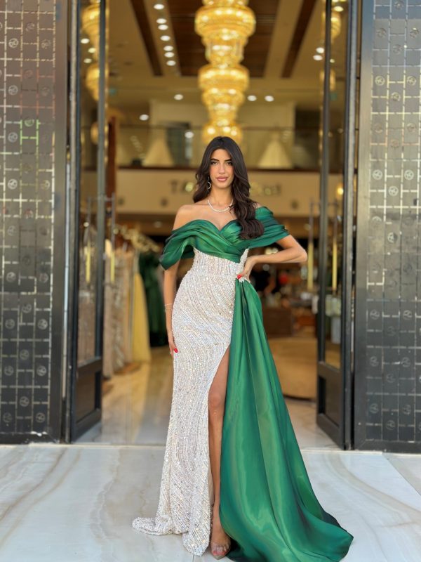 Chic Green Mermaid Evening Off Shoulder Crystal Sequins Formal Party Prom Dress Split Dresses For Special Ocn 0515