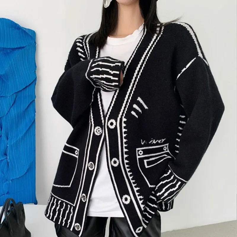 Womens Sweaters Print Graffiti Cardigan Women Long Sleeve Top Y2K Loose Vneck Sweater Autumn Winter Streetwear Knitted Female Cardigans Coat 231013