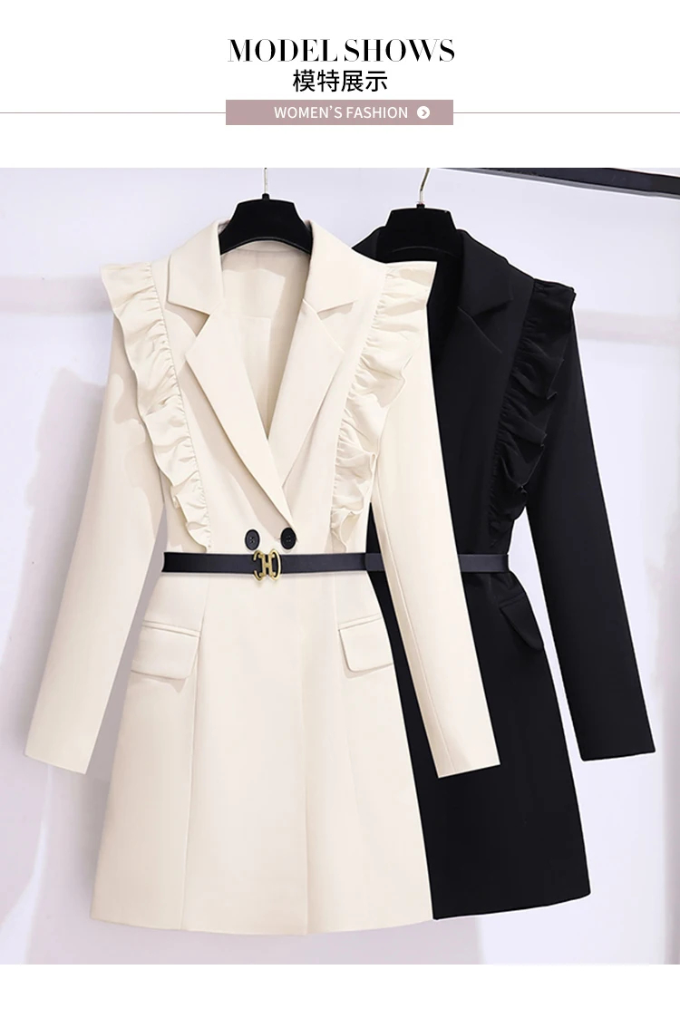 Basic Casual Dresses Autumn Runway Women Double Breasted Belt Blazers Coat Office Lady Ruffles Suit Collar Long Sleeve Korean Short Blazers Dress