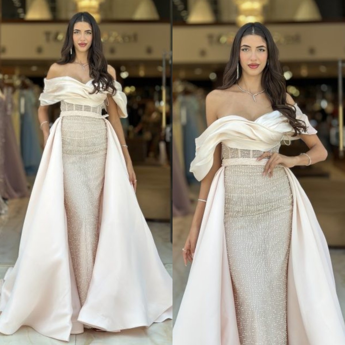 Fashion Ivory Mermaid Evening With Overskirts Off Shoulder Crystal Sequins Formal Party Prom Dress Pleats Dresses For Special Ocn Lz0304