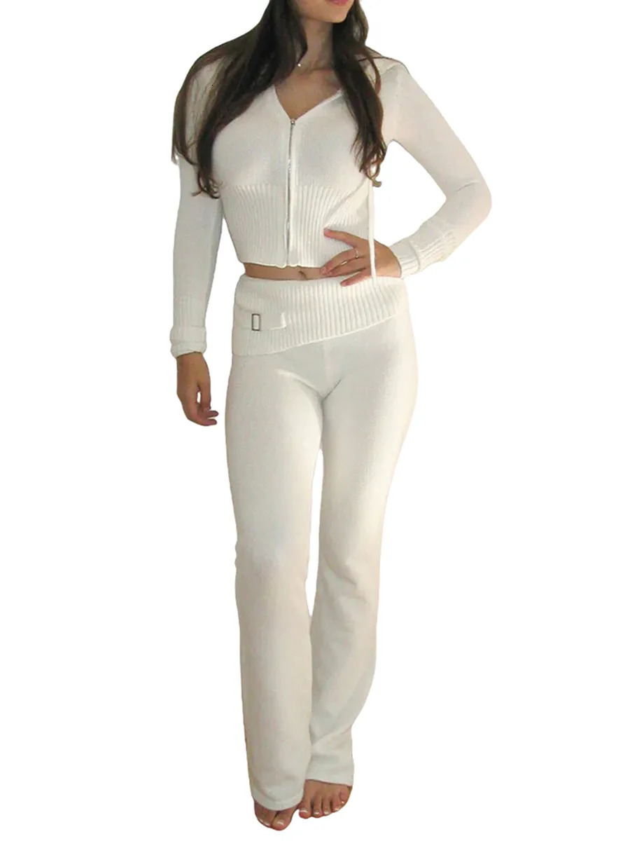 Womens Two Piece Pants Women s Cozy Ribbed Knit Lounge Set Long Sleeve Zip Up Hoodie with High Waist Wide Leg Pants 2 Piece Loungewear Ensemble 231013