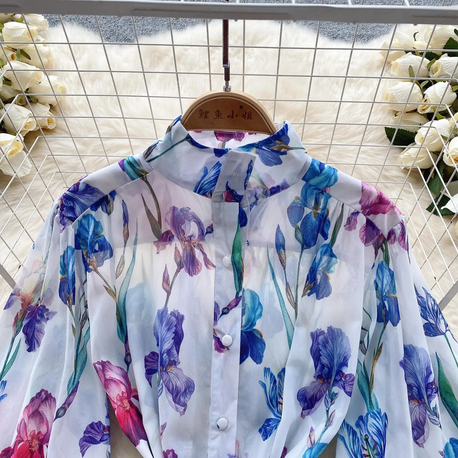 Basic Casual Dresses Summer Runway Holiday Boho Short Dress Women Clothing Turleneck Long Lantern Sleeve Flower Print Belted Blue Mini Chiffon Vestido