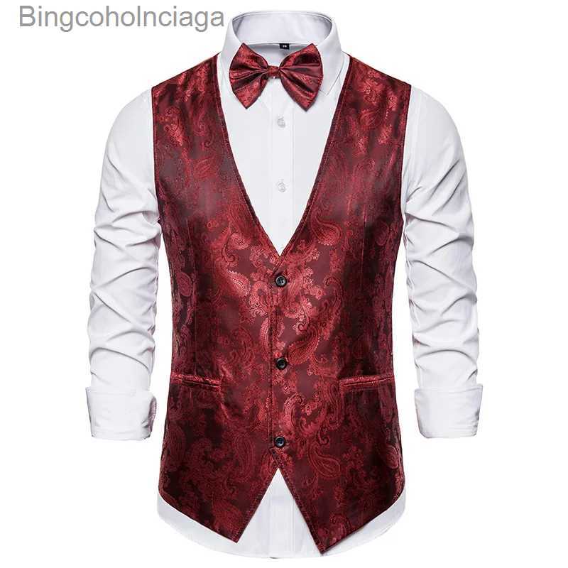 Men's Vests Wine Red Jacquard Suit Vest Men's Business Banquet Wedding Party Groom Dress Tops Size XXL-SL231014
