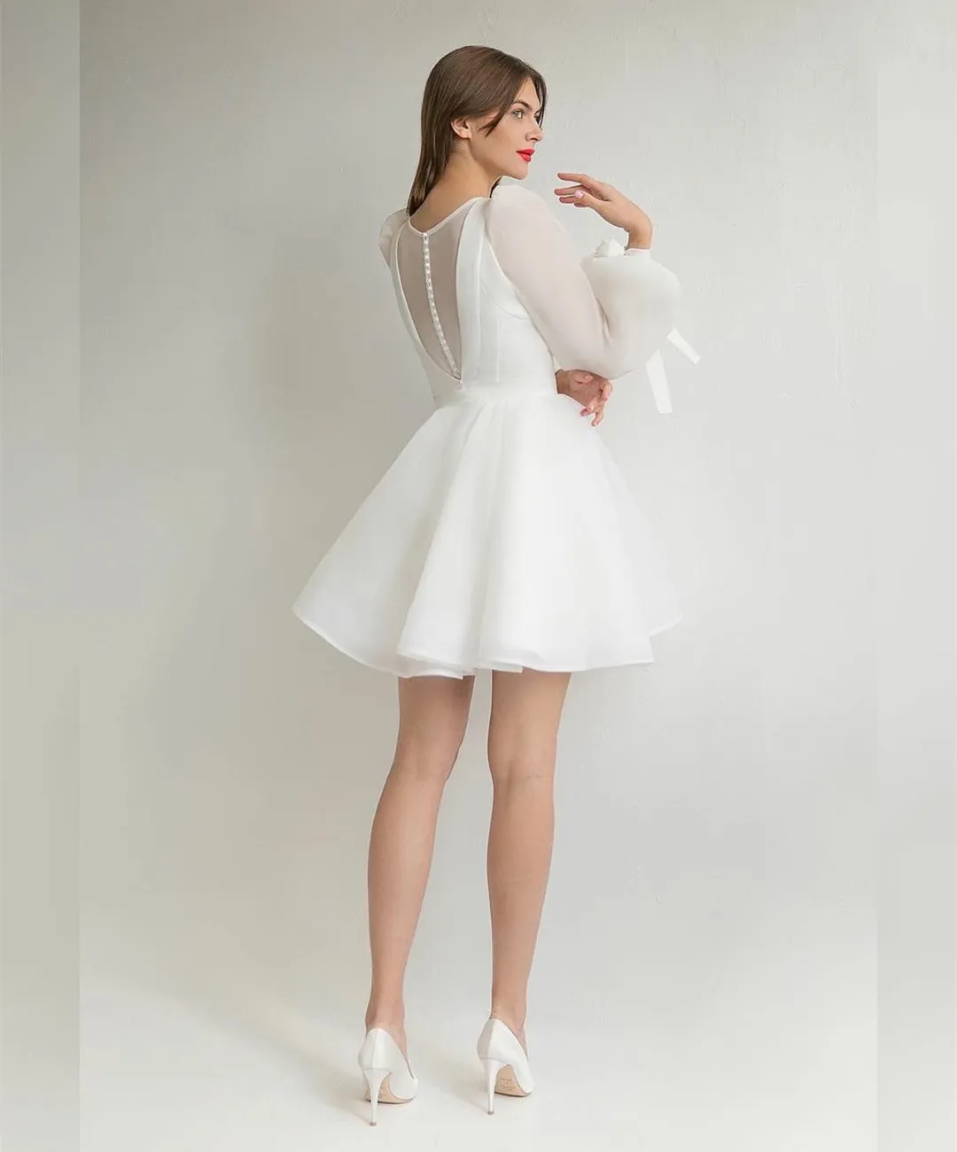 Elegant Short Jewel Neck Organza Plus Size Wedding Dresses Full Sleeves with Bow A Line Knee Length Bridal Gowns for Women