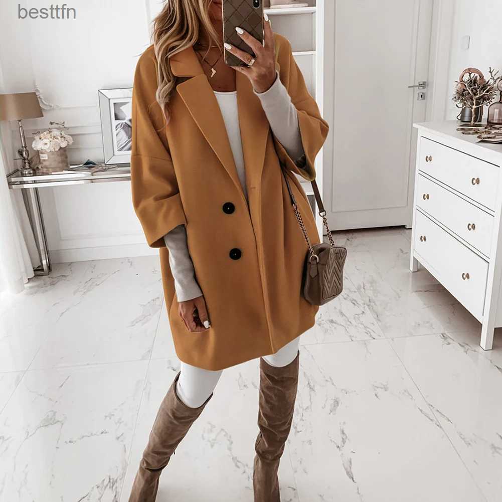 Women's Wool Blends 2020 Women Long Woolen Autumn Winter Coat Jacket Three Quarter Sleeve Loose Coat High Street Ofiice Ladies Long JacketL231014