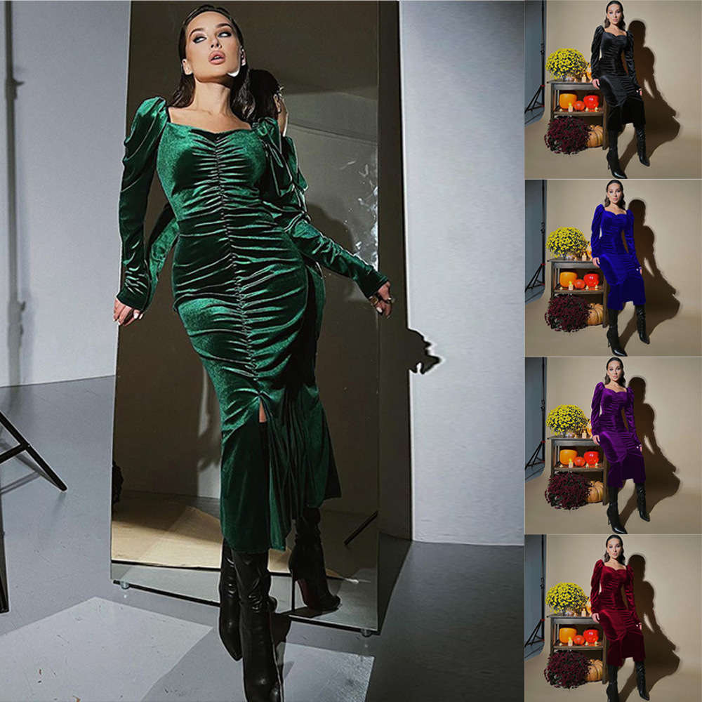 Elegant Vintage Style European and American Womens Dress with Slim Fit and Long Sleeves AST585287