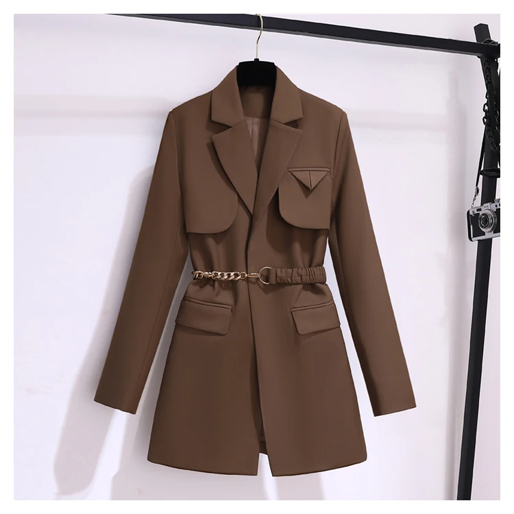 Jackets Clothing Autumn Winter Office Ladies Elegant Solid Jacket Coat Women Long Sleeve High Waist Metal Belt Blazer Outerwear