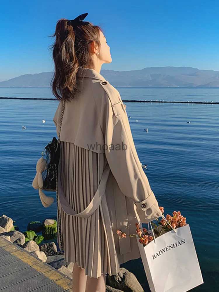 Women's Trench Coats LANMREM Designer Back Trench Belt Coat For Women Laple Long Sleeves Solid Belt Coats Fashion Female Clothing 2023 New 2YA115