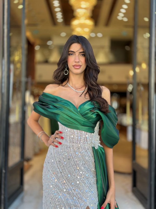 Chic Green Mermaid Evening Off Shoulder Crystal Sequins Formal Party Prom Dress Split Dresses For Special Ocn 0515