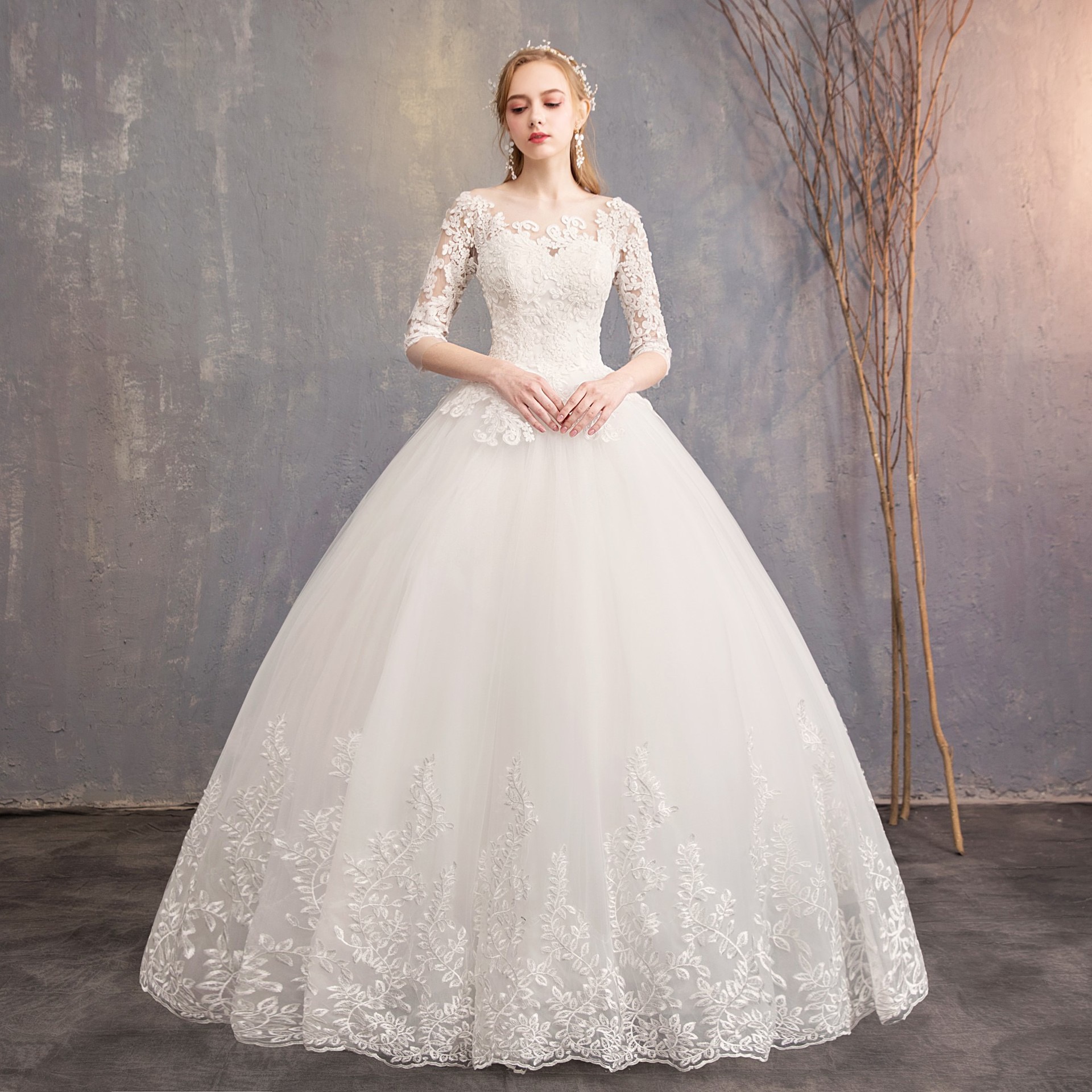 elegant boho Wedding Dresses lace Bridal Gown A Line Beaded Crystals Jewel Sheer Neck 3D Floral Applique Lace Tulle Sweep Train Beach Country vestidos
